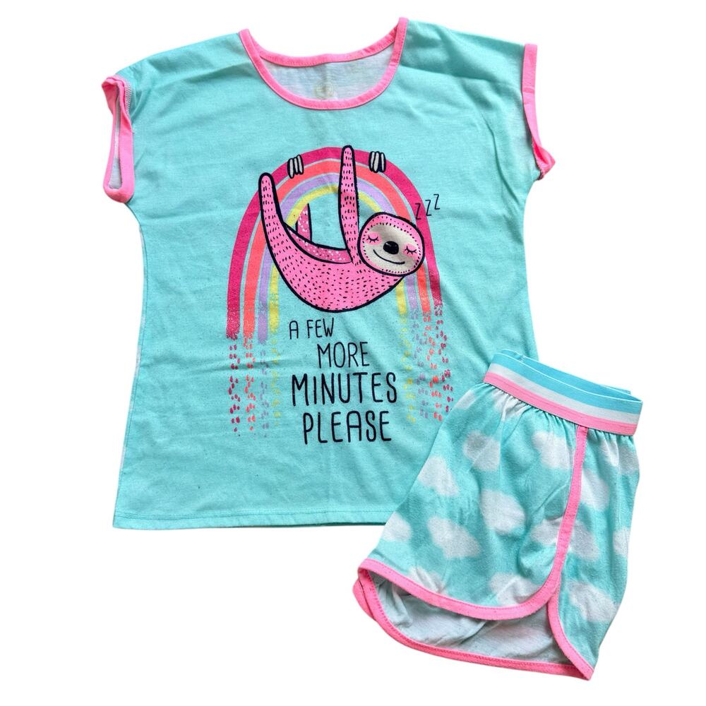 Girls L 10-12 Sparkle Rainbow Sloth Short Sleeve Pajama Cloud Shorts Sleep Set
